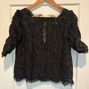Joie Black Lace Top, ruched sleeves, size medium